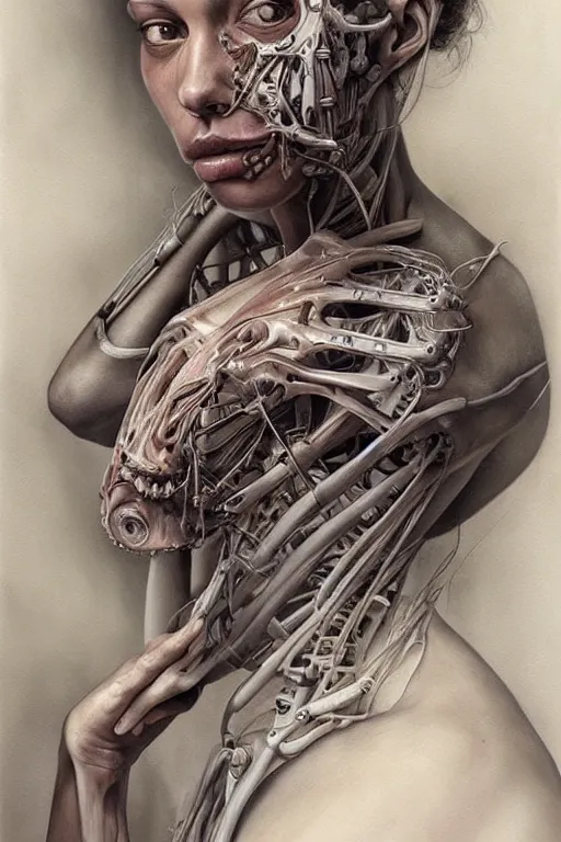 Image similar to beautiful painting portrait of biomechanical being by marco mazzoni, detailed, realistic skin color