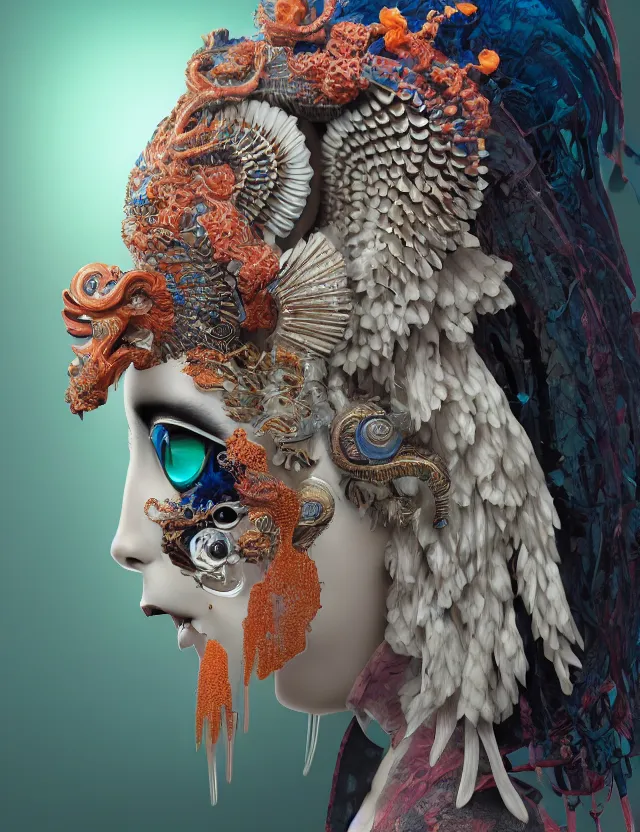 Image similar to 3 d goddess in robe close - up profile portrait with ram skull. beautiful intricately detailed japanese crow kitsune mask and clasical japanese kimono. betta fish, jellyfish phoenix, bio luminescent, plasma, ice, water, wind, creature, artwork by tooth wu and wlop and beeple and greg rutkowski