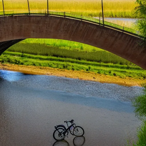 Image similar to drought of the river nearby nijmegen with a bridge over the river and single bike standing in the middle of the dried up river, picture, 4 k, realistic, sunny weather, blue sky