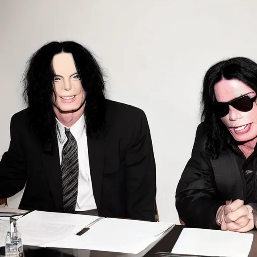 Prompt: Michael Jackson and Tommy Wiseau are sitting in a meeting
