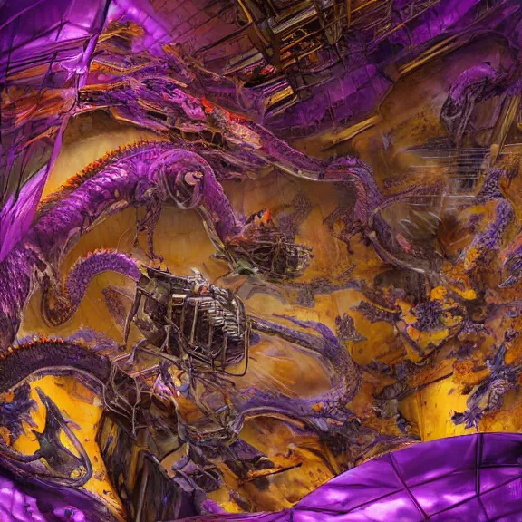 Image similar to detailed shot of inside a cavernous living stomach of a giant robot ((dragon)), the walls purple and pulsing, lots of acid pooling up on the floor, digesting humans that ended up inside, food pov, micro pov, vore, digital art, furry art, high quality, 8k 3D realistic, macro art, micro art, Furaffinity, Deviantart, Eka's Portal, G6