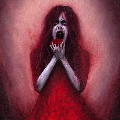 Prompt: extrem mad girl with extrem anger screams into the void to release her anger, while shes crying she holds a rose in her hands, high detail painting in dark red colors by Mamoru Kanbe