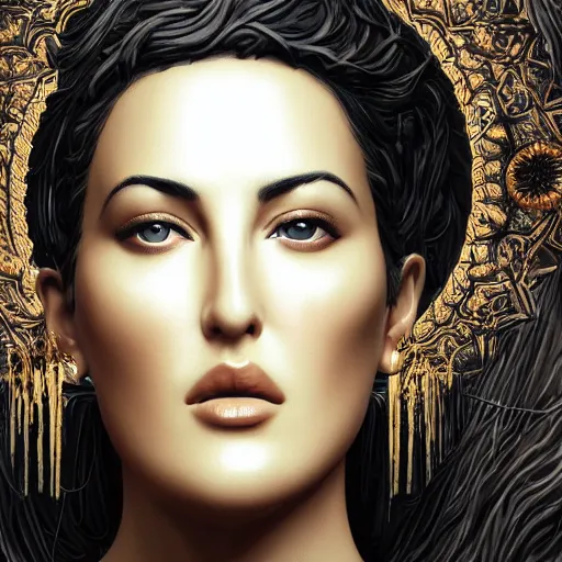 Image similar to A digital masterpiece illustration concept art of giant porcelain statue of a very beautiful Monica Bellucci, beautiful eyes, symmetrical face, symmetrical body, taiga landscape + inspired art by mark brooks + Extremely detailed and intricate complexity + epic composition, magical atmosphere, cinematic lighting + wide long shot, wide angle + trending on artstation + 8k