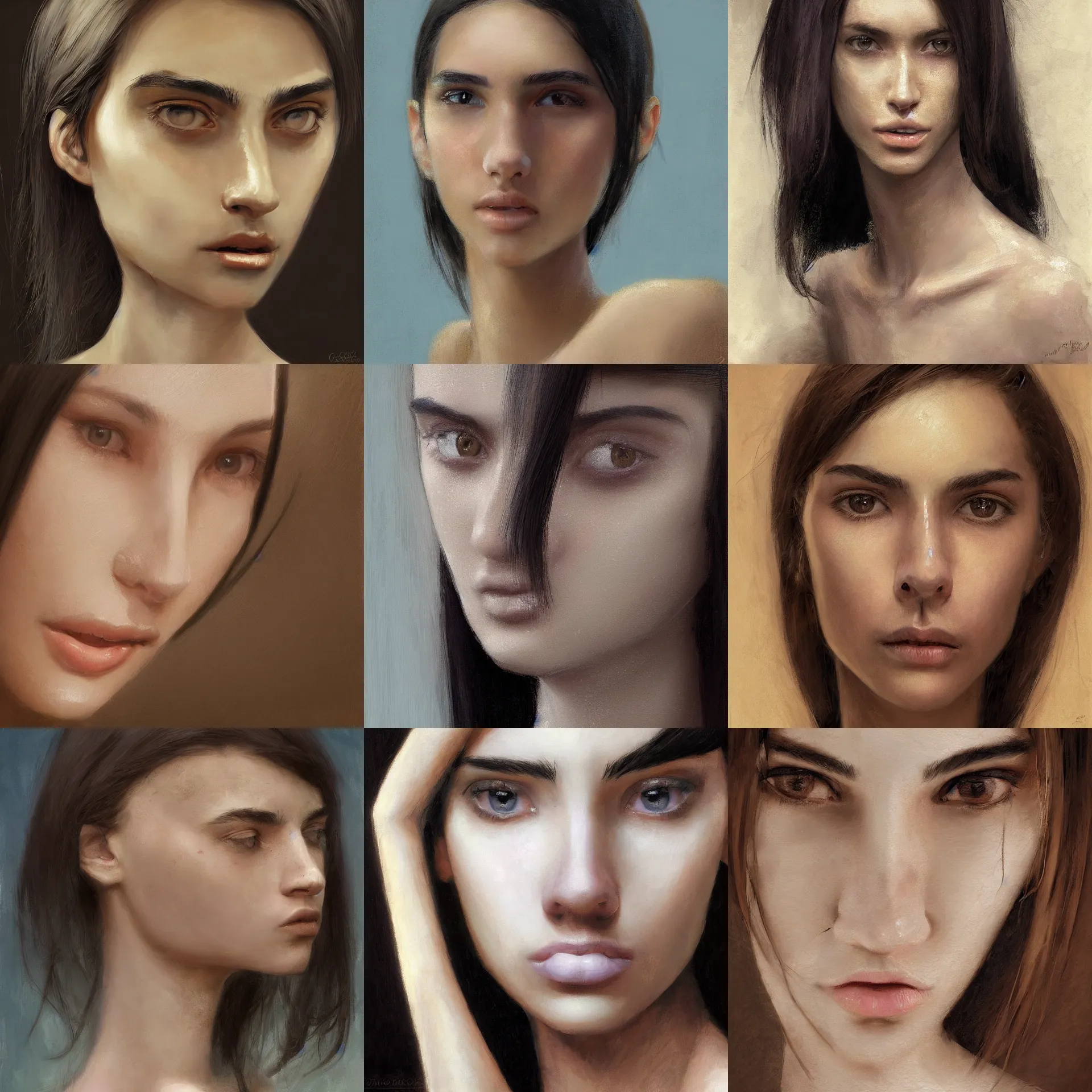 Prompt: digital art painting of a skinny 2 0 years old white skin young latino woman, rectangular face, long black straight hair, thick eyebrows, small straight nose, strong defined jaw, brown eyes painted by craig mullins and gaston bussiere and greg rutkowski, symmetrical facial features, symmetrical face, defined facial features, dramatic lighting, close up