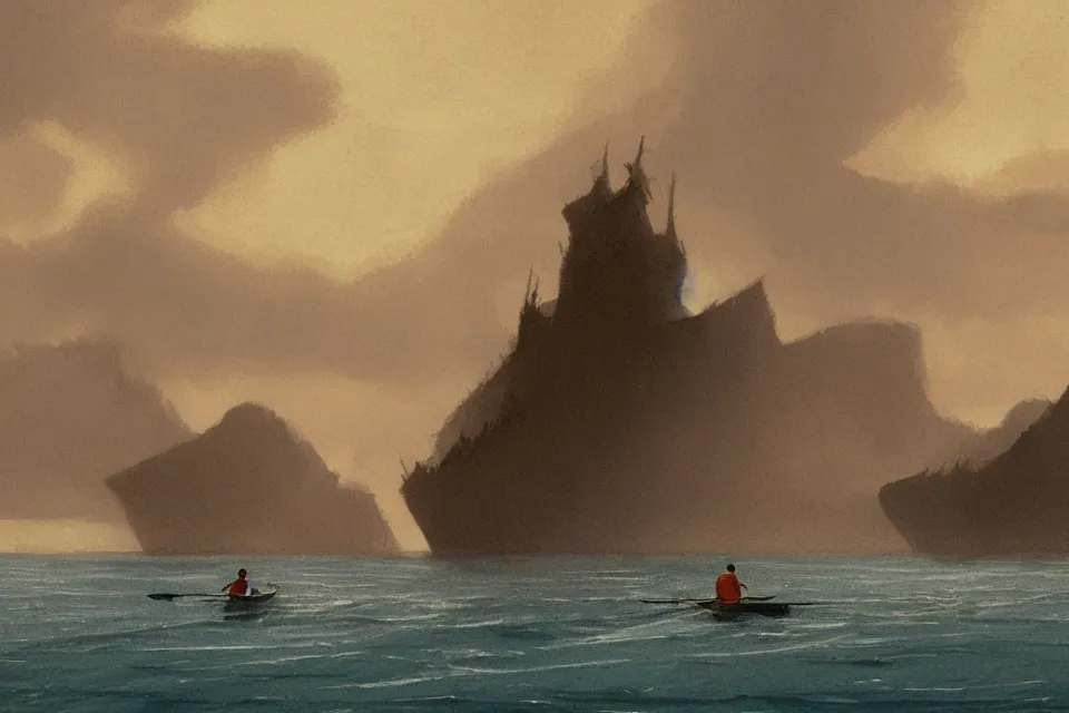 Image similar to lone fisherman rowing towards his giant seashell shaped fortress, in the style of john harris and moebius