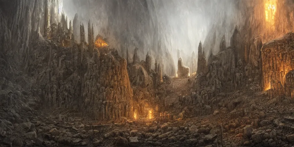 Prompt: Khazad-dûm in the Mines of Moria, detailed matte painting, cinematic, Alan Lee, Artstation