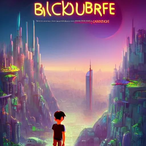 Image similar to film poster, an adventurous boy ( facing the camera ) and his small robot friend, futuristic city backgrond, eleborate composition with foreground and background, depth of field, fantasy illustration by kyoto studio, don bluth!!!, square enix, cinematic lighting