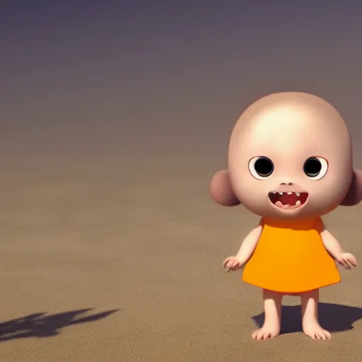 Image similar to final render made with blender of a cute yellow and orange kawaii baby demon with slow eyes and little fangs standing on a beach, by pixar and studio ghibli