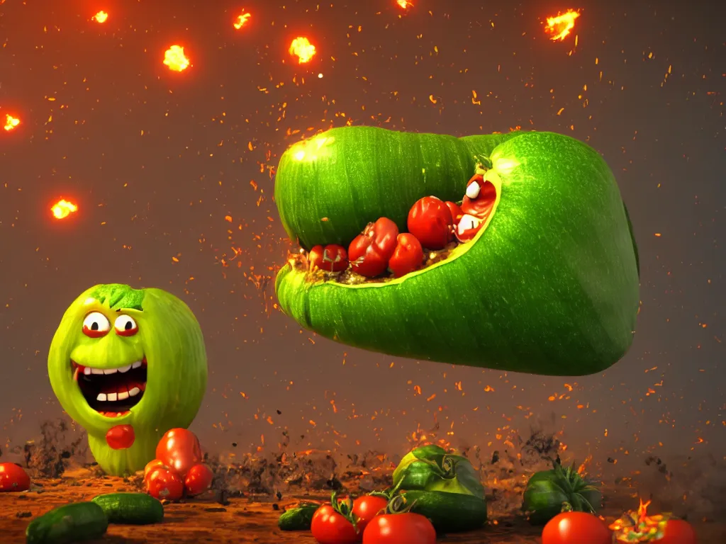 Prompt: highly detailed 3 d render of a raging mad angry zucchini character, burning scissors flying, dirt road, scared tomates scattered everywhere, high speed action, explosions, dramatic scene, hyper realistic octane render, cinematic lighting, tomato splatter, deviantart, black sky, lowbrow, surrealism, pixar still, mayhem