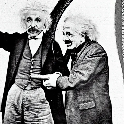 Image similar to vintage photo of Einstein and Thomas Alva Edison fighting