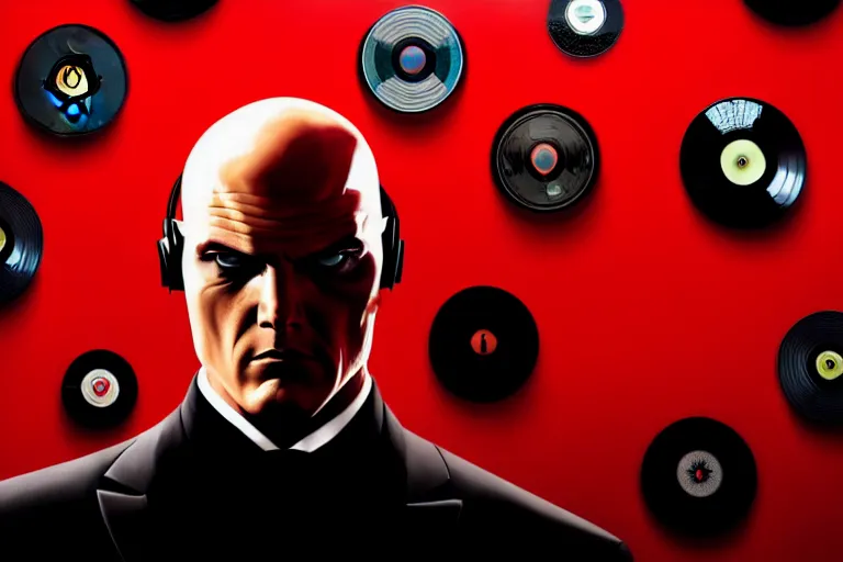 Image similar to an expressive portrait of agent 4 7 from hitman wearing headphones standing in front of a wall of vinyl records, speakers and cables, dark background, red rim light, digital art, artstation, concept art by giger stalenhag