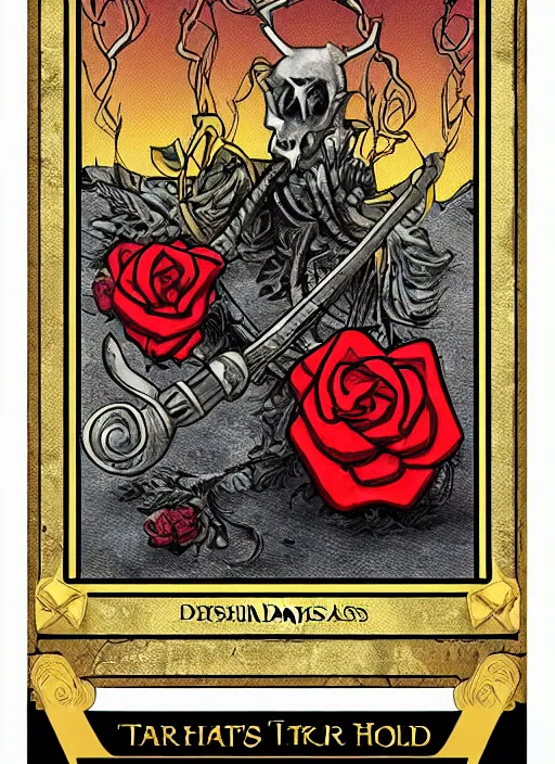 Prompt: tarot card :: horror :: hearts and roses :: gold and silver :: guns and swords :: by Yurtsev and Darkchylde