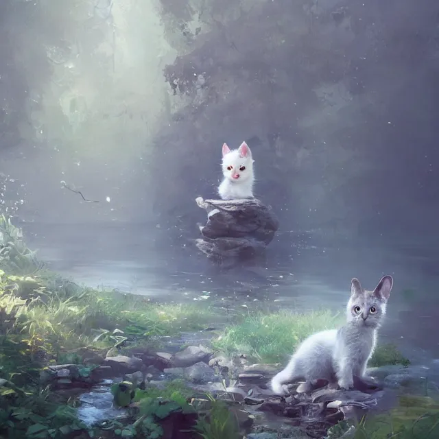 Image similar to a painting of a cute kitten at a creek. disney character design by cory loftis, fenghua zhong, ryohei hase, ismail inceoglu and ruan jia. volumetric light, detailed, rendered in octane