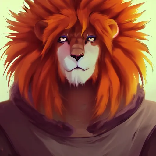 Image similar to portrait of a lion man warrior, fursona, furry art, anthro, light orange fur, detailed long dark orange mane, orange eyes, anime key visual, makoto shinkai