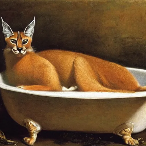 Prompt: cute caracal in bathtub, by Valentin de Boulogne