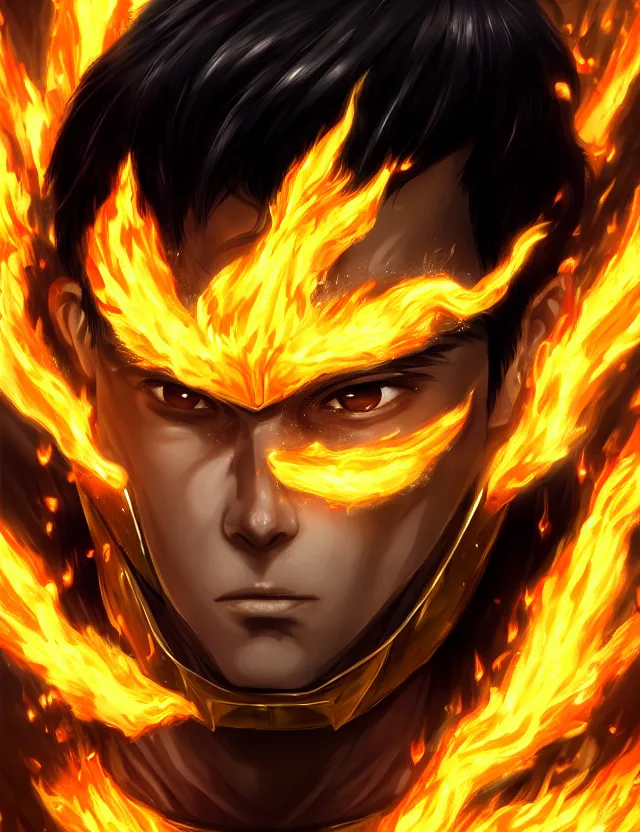 Image similar to a detailed manga portrait of a black haired man with hazel eyes in gleaming golden armour that burns with golden fire, trending on artstation, digital art, 4 k resolution, detailed, high quality, sharp focus, hq artwork, coherent, insane detail, character portrait