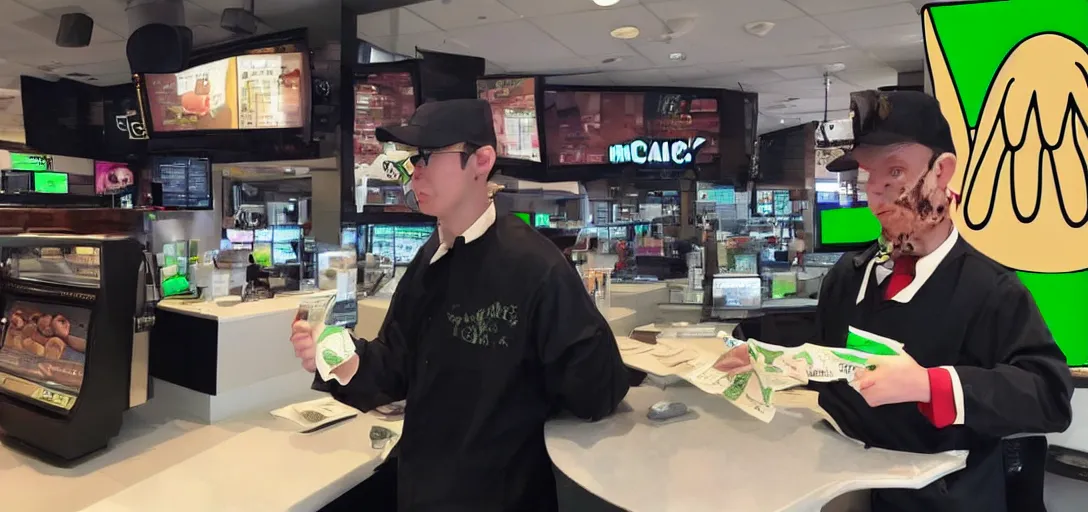 Prompt: Cthulhu working at McDonalds because he lost all of his money leverage trading bitcoin