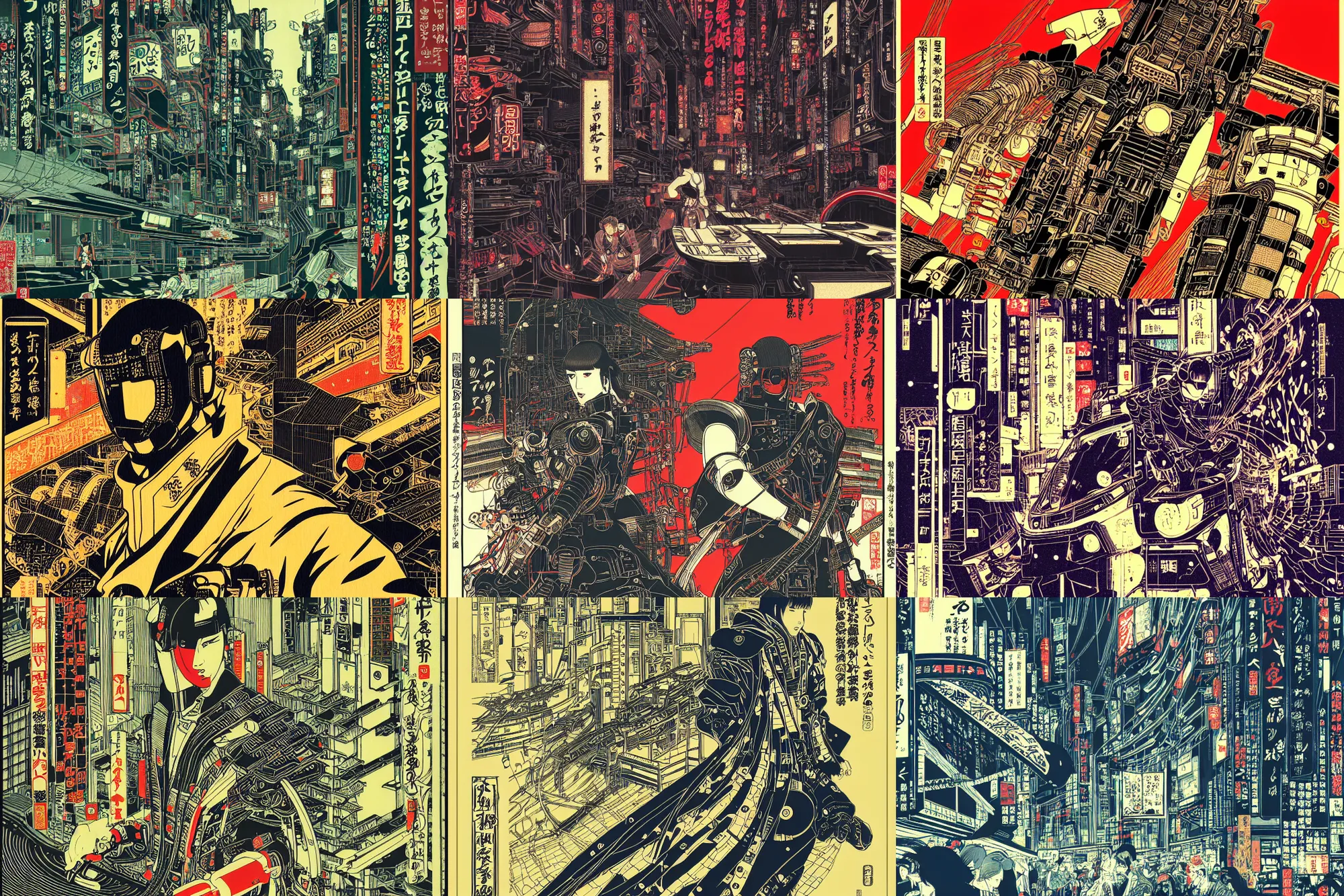 Image similar to futuristic japanese cyberpunk bladerunner silk screen by utagawa yoshiiku, ohara koson, pixiv contest winner, cyberpunk style, cyberpunk color scheme, mechanical, robotic, human machine interface, high resolution, hd, bold clear lines