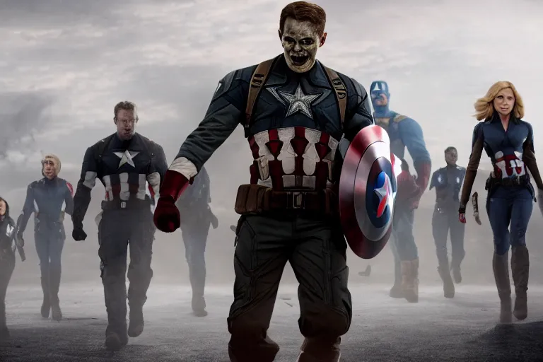 Image similar to film still of zombie Captain America in new avengers movie, 4k