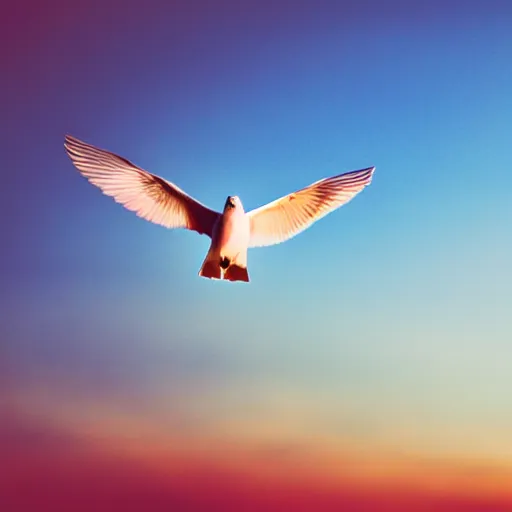Image similar to Close-up realistic shot of a radiant white dove flying over the clouds at sunset, ethereal, vintage photograph, film grain, surreal, awe-inspiring, highly detailed, blue and orange color scheme