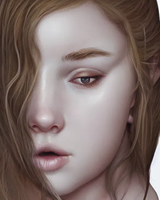 Prompt: portrait of 1 6 - year - old woman with dirty blonde hair down to her waist, pale eyebrows and protuberant silver eyes, wearing white shirt, hyper realistic face, beautiful eyes, character art, art by mark brooks, hyperdetailed, cryengine, trending on artstation, digital art