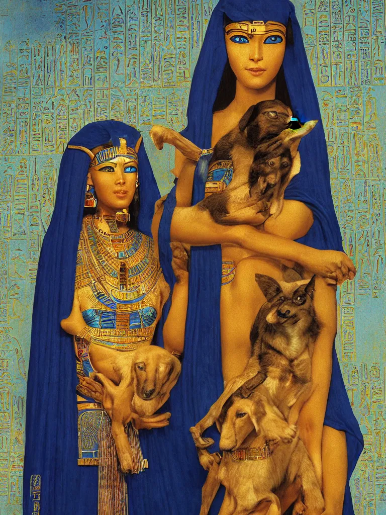 Image similar to portrait of a beautiful female ancient Egyptian goddess holding Anubis the dog in her arms. Hieroglyphs are written on the background, and blue lotus grows at her feet. painting by James C. Christensen