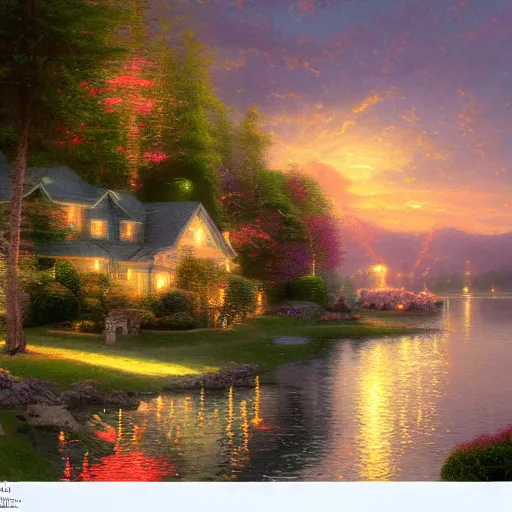 Prompt: a house on the lake, by thomas kinkade, trending on artstation, 8 k, bokeh