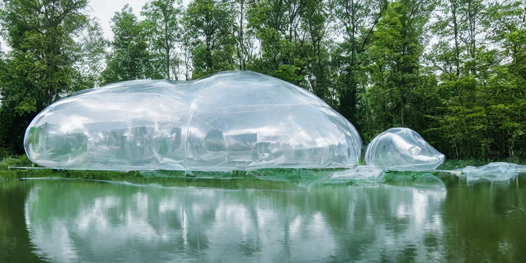 Prompt: an inflatable house made of clear plastic sheeting. The house is made of 8 inflated bubbles. The inflated house sits in a lake on the edge of a forest. ultra wide shot, coronarender, 8k, photorealistic