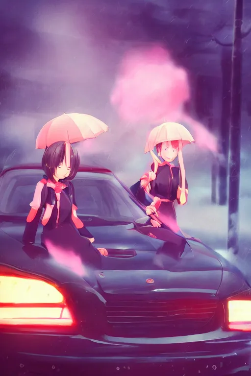 Prompt: art by D. Jun, by Mo Xiang Tong Xiu, 3d Infrared photo cute girls in Japanese maid's clothes and smoking inside a JDM car in the rain at sunrise in a parking lot, anime vintage colors, polaroid, foggy, volumetric light, cinematic render, rending on artstation, oil painting