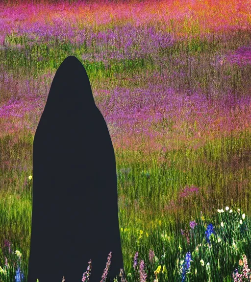 Image similar to tall hooded shadow person figure standing in beautiful meadow of flowers, disney animated, grainy, high detail, high resolution