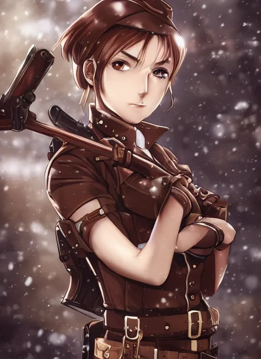 Prompt: girl with steampunk weapons and uniform, serious, intense, finely detailed, made by artgerm, full body portrait, illustration, snow, snowing, cloudy, anime, side view, perfect anime face, realistic face, zoomed out, smooth, brown eyes, high waisted shorts, sharp focus, key visual of attack on titan