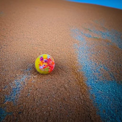 Image similar to macro photo bright day of a tiny sphere containing alternate reality world placed on the ground gobi desert in background dreamy swirling colors