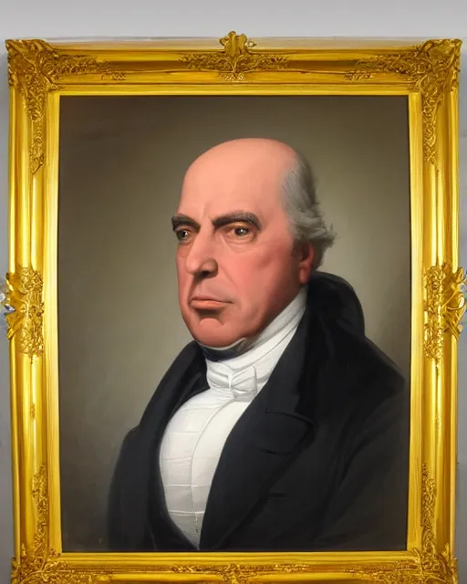 Prompt: Official Portrait of Homer Simpson, 6th President of the United States, 1825-1829, Portrait by George Peter Alexander Healy in 1858. Oil on canvas, White House Collection/White House Historical Association trending on artstation
