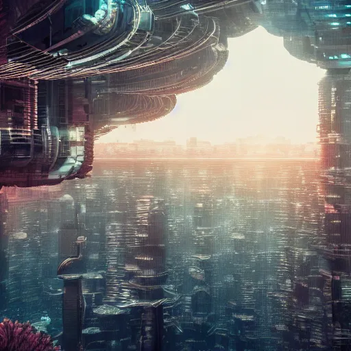Image similar to a mega city underwater, highly detailed, octane render, 8k, realistic