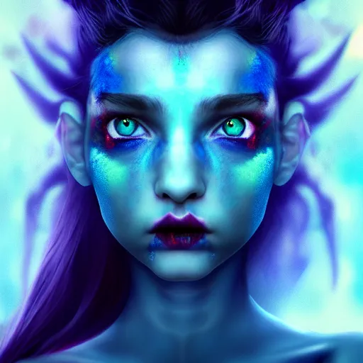 Image similar to The dragon girl portrait, portrait of young girl half dragon half human, dragon girl, dragon skin, dragon eyes, dragon crown, blue hair, long hair, highly detailed, cinematic lighting, Matte painting by David Lynch