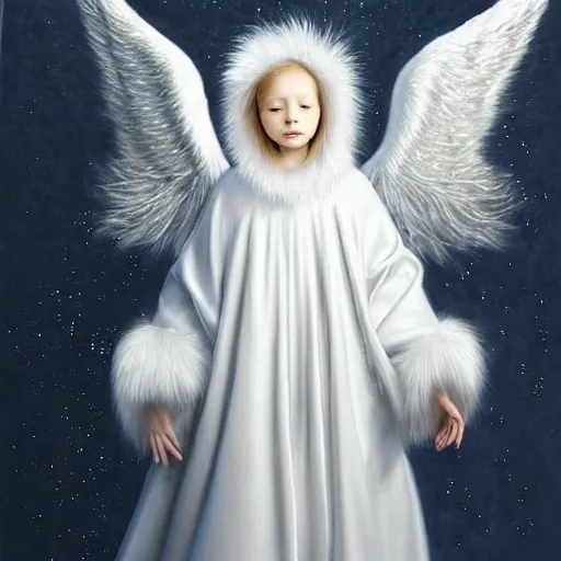 Image similar to highdetailed hyperrealistic painting of white angel in the hood lightning hands with silver sparkles!!!, giant silver ball on the chest!!!!!, 4 k hd fur face!!!, big wings, by jan van eyck, holography space, white sparkles everywhere, thin strokes, white monochrome color!!!!!, hyperrealism textures, soft