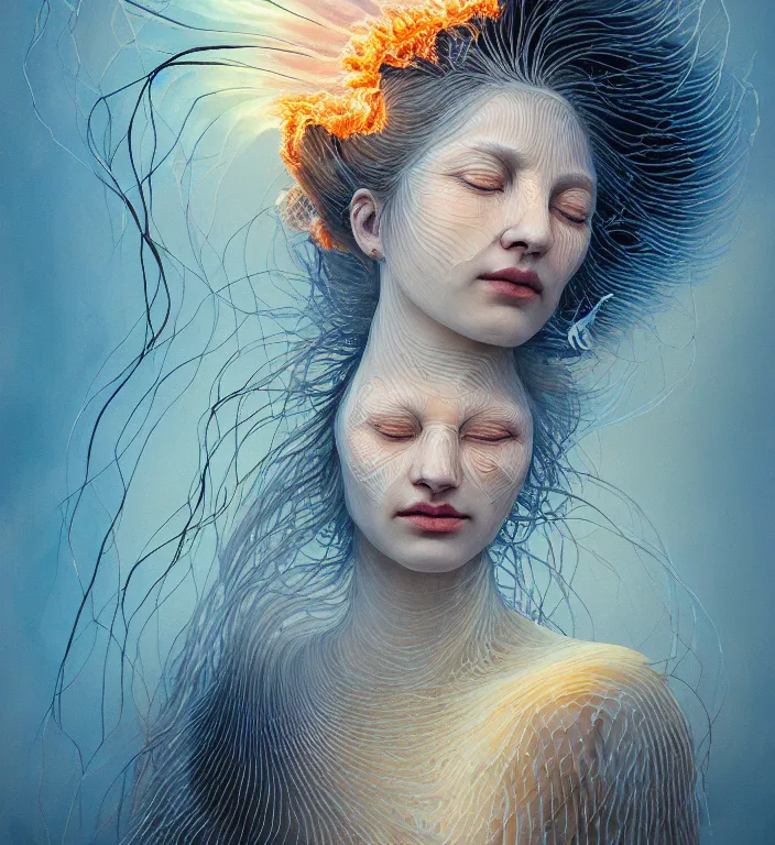 Image similar to portrait of a goddess of death with (reaction diffusion) scaled fish skin Bioluminescent phoenix jellyfish, burning phoenix halo, Her breath shot a haze of steam out into the frosty morning air concept, soft light, soft mood, realistic body features and face, illustration,intricate ornament halo, painting oil on canvas by Elena Zhurikhina and Goro Fujita and Charlie Bowater, octane render trending on artstation, 4k, 8k, HD