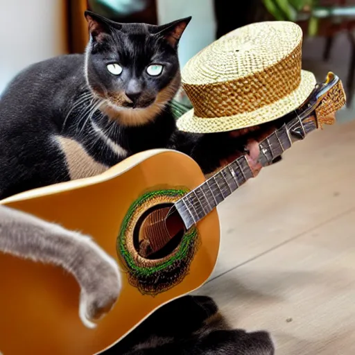 Prompt: a cat wearing straw hat playing guitar