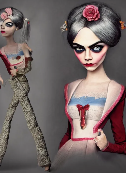 Prompt: cara delevingne as a mark ryden doll, detailed digital art, trending on Artstation