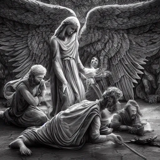 Image similar to angels protecting a praying man very highly detailed, award winning, trending on artstation, 4K UHD image