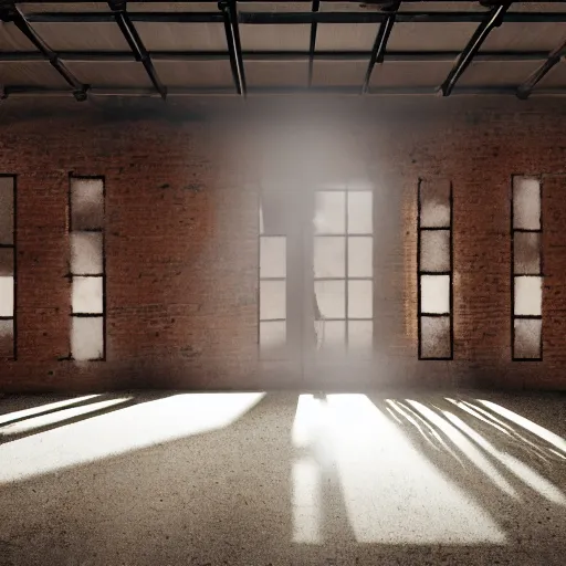 Prompt: Inside of a warehouse with sunrays shining through the windows with bullet shells laying on the floor and a body laying in the background against a wall, tarantino style, photorealistic, 4k,