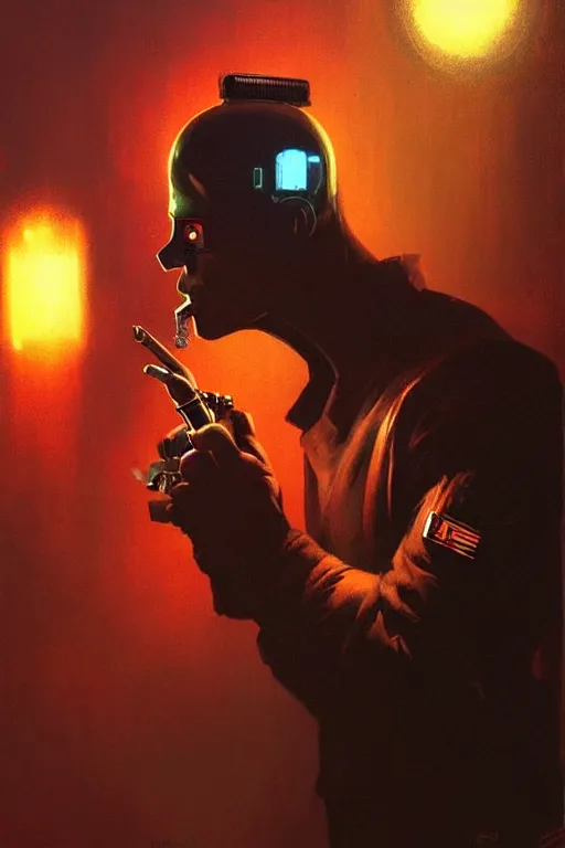 Image similar to An android smoking a single cigar in a cyberpunk setting, by Frank Frazetta, dramatic lighting, high contrast colours, as trending on Artstation, highly detailed,