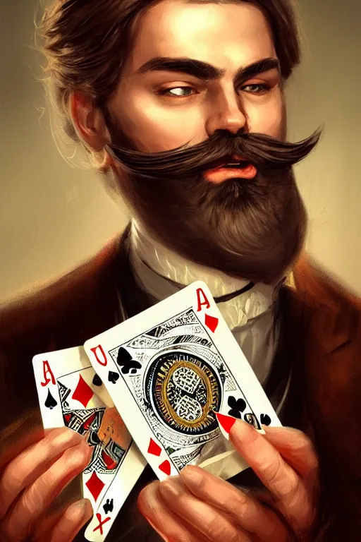 Prompt: lower chin bearded round face with no moustache, magician holding playing cards, realistic, modern, magicians eyes are covered with cloth, intricate, elegant, highly detailed, digital painting, artstation, concept art, addiction, chains, smooth, sharp focus, illustration, art by ilja repin
