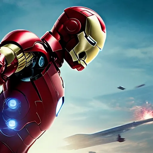 Image similar to promotional image of Joe Biden as Iron Man in Iron Man（2008）, he wears Iron Man armor without his face, movie still frame, promotional image, imax 70 mm footage