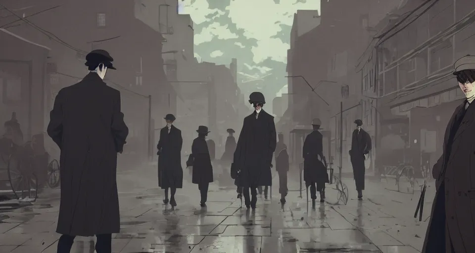 Prompt: Peaky Blinders by Makoto Shinkai, anime key visual, dark moody lighting, smoky atmosphere, gritty Edwardian background, highly detailed, accurate faces