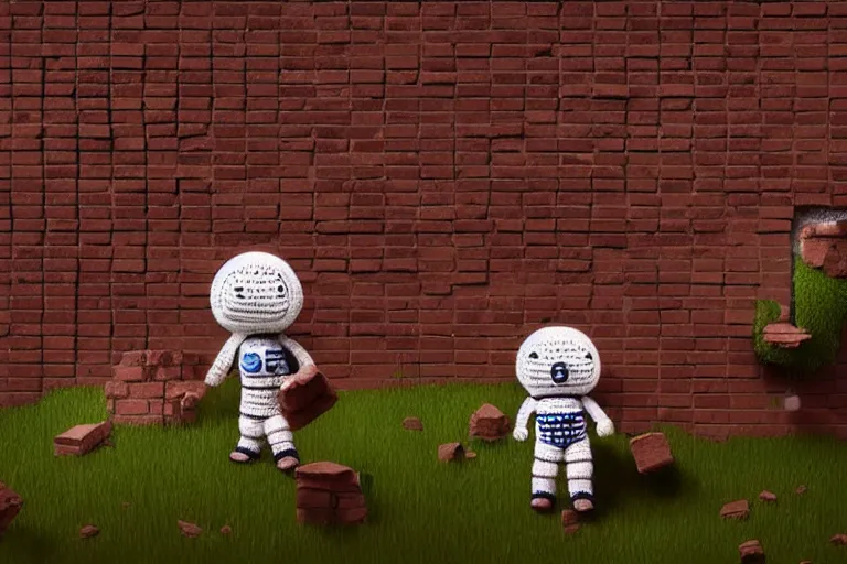 Image similar to an expedition of crochet cute astronauts discovering a hole of a brick wall. cute, illustration, digital art, inspired by little big planet, by greg rutkowski, detailed, sharp, masterpiece, highly detailed, photorealistic, octane render, 8 k, unreal engine 5, trending on artstation, vivid colors