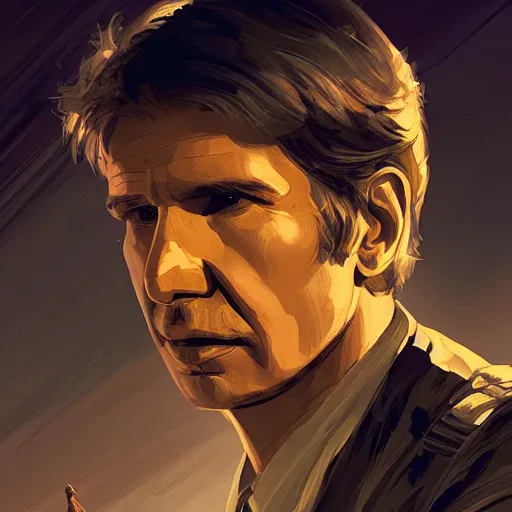 Image similar to Young Harrison Ford as a pilot, dramatic lighting, highly detailed, digital painting, artstation, concept art, smooth, sharp focus, illustration, warm light, cozy warm tint, magic the gathering artwork, volumetric lighting, 8k, art by Akihiko Yoshida and Greg Rutkowski