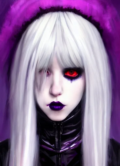 Image similar to portrait of white teenage girl, normal face, white bangs, mall goth, cyberlox, black and white hair, bangs, fluffy bangs, red contact lenses, purple lipstick, intricate, elegant, highly detailed, digital painting, artstation, concept art, sharp focus, smooth, illustration, art by wlop, mars ravelo and greg rutkowski