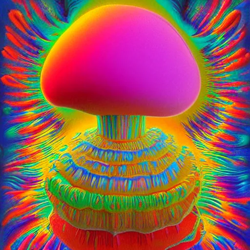 Prompt: a colorful mandelbulb 3 d mushroom in a psychedelic world, peace and love, by peter max and mark ryden