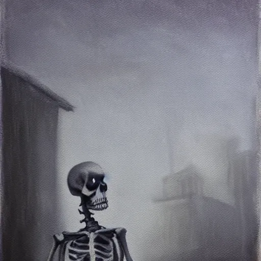 Image similar to creepy mafia skeleton in a fogged neighborhood, pastel painting